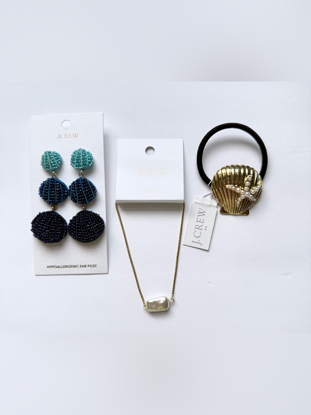 NWT J.Crew BUNDLE NWT Coastal Earrings, Anklet Seashell, and Hair Tie